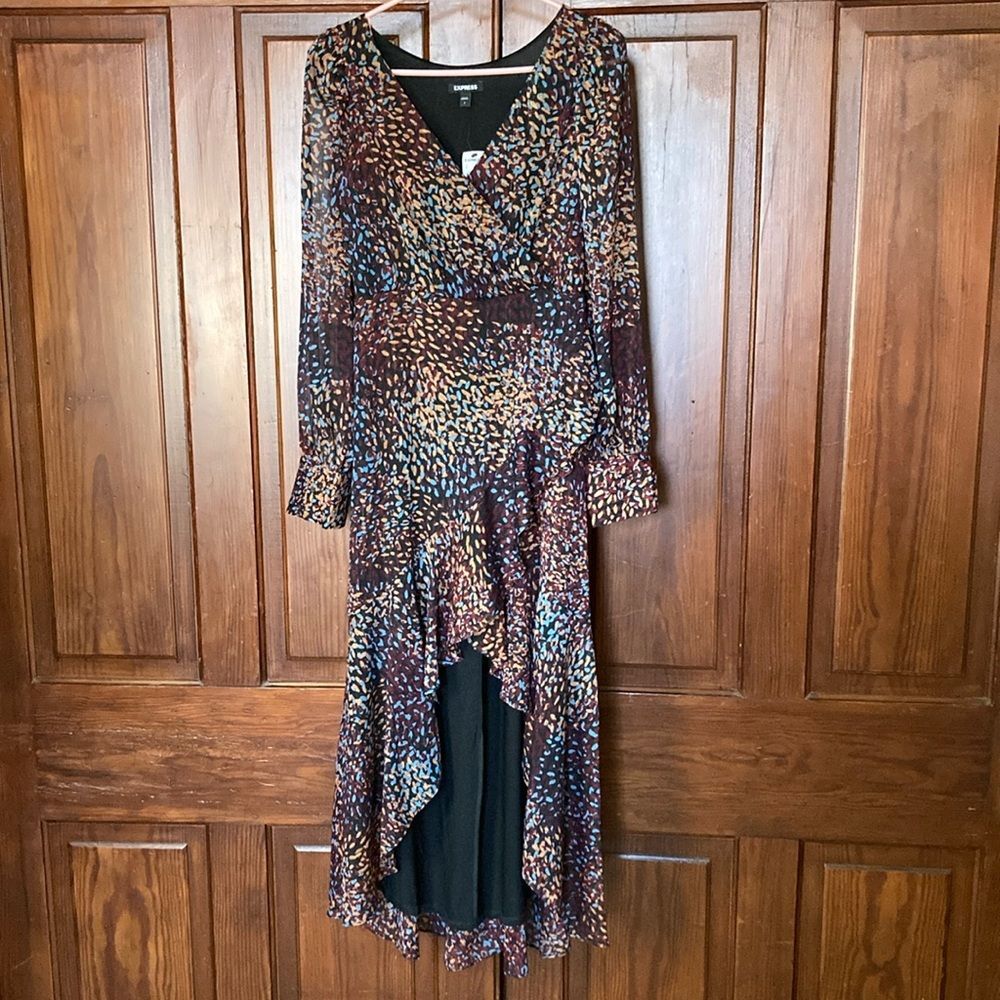 Express Metallic Printed Faux Wrap Ruffle Hi-Lo V-neck Maxi Dress S NO BELT